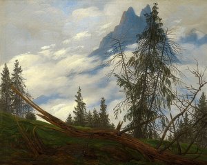 Bjergtinder med bevægende skyer. Omkring 1835 af Caspar David Friedrich
