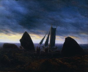 Fiskerbåd, der passerer figurer på en strand ved Østersøen; Fischerboot zwischen Findlingen am Ostseestrand, af Caspar David Friedrich