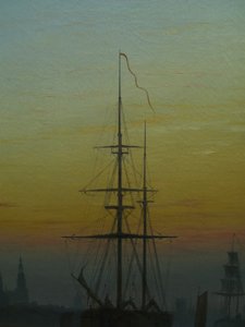 Tysk: Der Greifswalder Hafen Havnen i Greifswald
 detail Alternativ titel(r): Skibe i havnen i Greifswald detail af Caspar David Friedrich