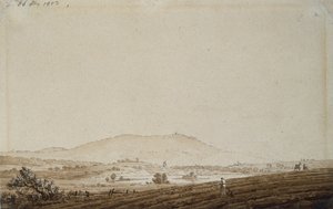 Landskab i Bøhmen med udsigt over Mount Jeschken, 1803 (pen og blækvask på papir) af Caspar David Friedrich