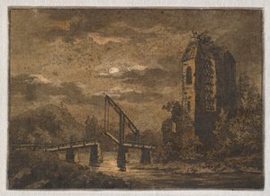 Landskab med vippebro og ruin i måneskin af Caspar David Friedrich