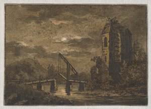 Landskab med vippebro og ruin i måneskin af Caspar David Friedrich
