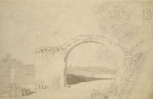 Flodlandskab med en bue (ufærdig) (blyant, pen og wc på papir) af Caspar David Friedrich