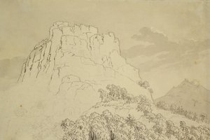 Rocky Hilltop med en Wooded Hill foran (blyant, pen og wc-vask på papir) af Caspar David Friedrich