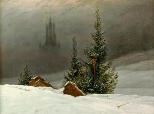 Vinterlandskab med kirke af Caspar David Friedrich