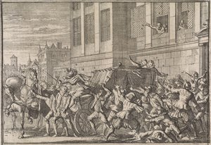 Angreb ved Madrid på greven af ​​Olivares, Gaspard de Gusmáns vogn, 1643 af Caspar Luyken (attributed to)