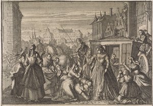 Kvinder knæler foran dronning Anna i Paris, beder hende om at skære i skatten, 1645 af Caspar Luyken (attributed to)