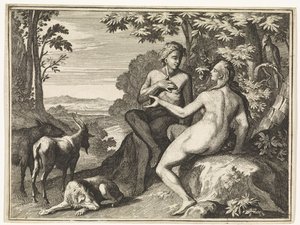 Adam og Eva omgivet af dyrene i paradis af Caspar Luyken