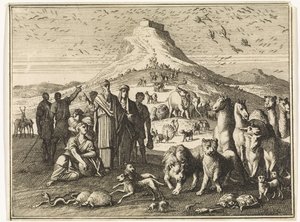 Noa, hans familie og dyrene forlader arken af Caspar Luyken