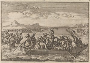 Waldensere jaget fra Savoyen vender tilbage til deres land i pramme over Genevesøen, 1689