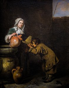 Ung skorstensfejer drikker nær en brønd af Caspar Netscher