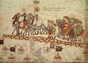 Detalje af et catalansk søkort (portulan) repræsenterende Asien i det 13. århundrede, hvorpå man kan se en campingvogn gå mod Cathay (navn givet af Marco Polo for at designe regionen i Nordkina): Silkerute taget af Marco Polo. Catalansk atlas af Abra