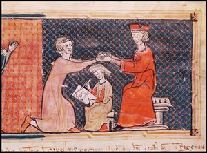 Den kongelige anklager, skriveren og feudalherren, fra Capbreu de Clayra et de Millas 1292