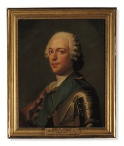 Prins Charles Edward Stuart, i rustning, med blåt skær af strømpebåndsordenen (olie på lærred) af Catherine (attr. to) Read