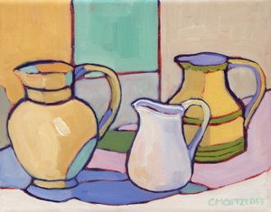 Vessels Amidst Soft Hues, 2024 (Olie på lærred) af Catherine J Martzloff