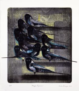 Magpie Rhythm, 2016 (mokulito-litografi med håndkolorering)