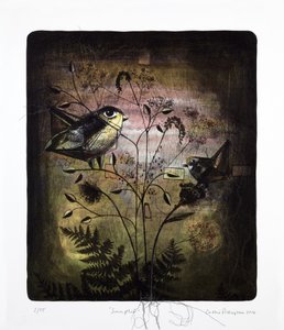 Sampler, 2016 (mokulito-litografi med håndkolorering) af Cathie Pilkington