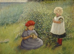 To piger plukker blomster (olie på lærred) af Cathrine Zernichow