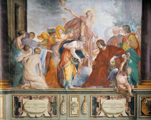 Lorenzo byder muserne og dyderne velkommen akkompagneret af Apollo til Firenze, af Francesco Montelatici kendt som Cecco Bravo, fresco