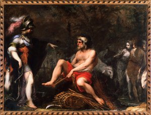 Herminie dukker op for hyrderne klædt i Clorindas rustning, scene fra Jerusalem Delivered (maleri