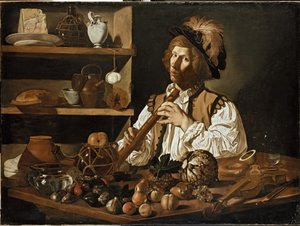 Interiør med et stilleben og en ung mand, der holder en blokfløjte, 1600-tallet