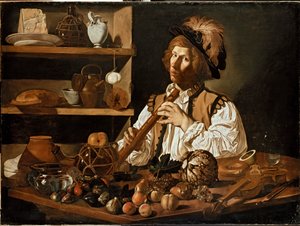 Interiør med en ung mand, der holder en blokfløjte, c1610-1621 af Cecco del Caravaggio