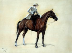 En elegant cavaliere, der stiger ind i en Amazonas. Tegning af Cecil Aldin (1870-1935) 1800-tallets privatsamling af Cecil Charles Windsor Aldin