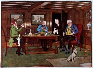 Kendere Drikkere nyder et glas portvin. Akvarel af Cecil Aldin (1870-1935) 1800-tallets privatsamling af Cecil Charles Windsor Aldin