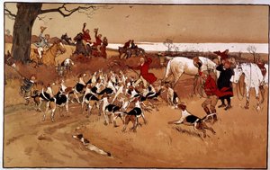 Jagtscene løb; skydning. Gravering af Cecil Aldin (1870 -?), england. Saml. En del af Cecil Charles Windsor Aldin