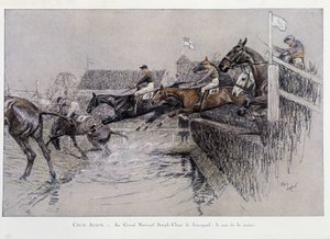 The Grand National Steeplechase i Liverpool: The Jumping of the River - tegning af Cecil aldin af Cecil Charles Windsor Aldin