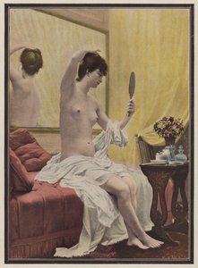 Kvinde ved sit morgentoilet (farve litho) af Celestin Francois (after) Nanteuil