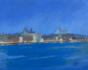 Natteliv på Zattere, 2025 (olie på lærred) af Celia Montague