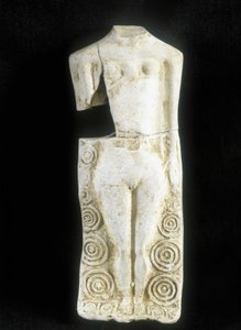 Kvinde med tre bryster. Statuette lavet af den keltiske keramiker "" Rextuguenos"" signatur og rouelles (kun kendt armorikansk keramiker), til Laraire (bedested i en romersk villa)
