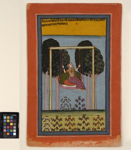 En kvinde i en gynge, ca. 1800 (ugennemsigtig akvarel og guld på papir) af Central Indian School