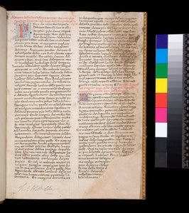 Fru 148. Gregory den Store, Dialogi på italiensk overs. af Domenico Cavalca, f.1r Dekorerede bogstaver [P] og [D] i rødt med penneværksdekoration i blåt af Central Italian School