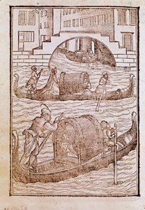 Gondoler i lagunen i Venedig i det 15. århundrede Gravering fra "" Af gamle og moderne tøj "" af Cesare Vecellio (1521-1601) 1590 Venedig Biblioteca Marciana af Cesare (after) Vecellio