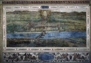Udsigt over byen Innsbruck, Østrig. Udsigt over byerne i det habsburgske rige. Fresko af Michelozzo-gården i Palazzo Vecchio i Firenze. Maleri af Sebastiano Veronese Giovanni Lombardi, Cesare Baglioni og Turino da Piamonte, ca. 1565. Størrelse af Cesare Baglioni