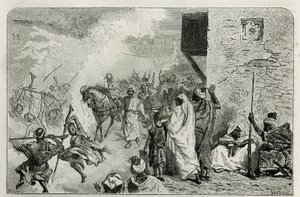 En ung dreng bærer i triumf ved tilbagekomsten af omskæringsceremonien, midt i mængden, der skyder pistolskud i luften, mens han skriger og hygger sig igen, gravering af C.Biseo for at illustrere historien Le Maroc af Edmondo de Amicis , i