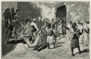 Lastning af kameler fra Atanger, forfatterens karavane, stik af Biseo, til illustration af historien Le Maroc af Edmondo de Amicis, i 1875, udgivet i Tour du Monde, under ledelse af Edouard Charton