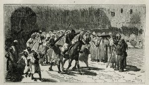en tyvs chatiment, klatrer på et muldyr, han modtager stave under folkemængdens huees, stik af C.Biseo, til illustration af historien Le Maroc af Edmondo de Amicis, i 1875, offentliggjort i tour du monde, under ledelse af Edouard Charton af Cesare Biseo
