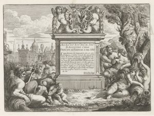 Dedikation til og våben af ​​Agostino Chigi og udsigt over Rom Fontane di Roma (serietitel) Fontæner i Rom (serietitel) af Cesare Fantetti