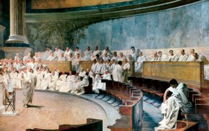 Cicero afslører Catilina den 8. november 63 f.Kr., scenen foregår i Rom ved senatet, freskomaleri produceret mellem 1882 og 1888 af Cesare Maccari