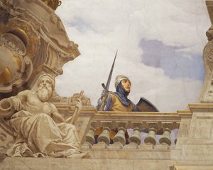 Detalje fra Allegory of Italy, fresco af Cesare Mariani (1826-1901), loft, Hall of Majority, Palazzo delle Finanze (Finanspaladset), Rom. Italien af Cesare Mariani