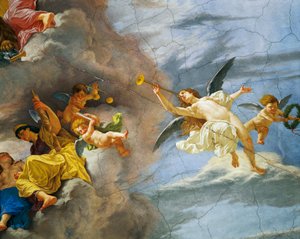 Detalje af Allegory of Italy, fresko af Cesare Mariani (1826-1901), loftet i Hall of Majority Palace of Finance, Rom. Italien