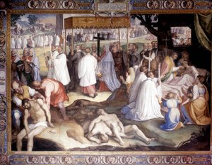 Milanos pest: Sankt Charles Borromeo (San Carlo Borromeo) (1538 - 1584) kommunikerer de døende. Fresco af Carlo Nebbia på Borromeo College i Pavia. 16. århundrede