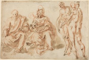 The Adoration of the Shepherds (pen og brunt blæk med lysebrun vask over rødt kridt på lagt papir) af Cesare Pollini