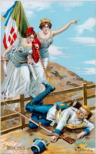Første Verdenskrig: plakat, der viser en allegori om Italien og Frankrig, der jager Tyskland ud over grænsen. Illustration af Cesare Tallone (1853-1919) Privat samling af Cesare Tallone
