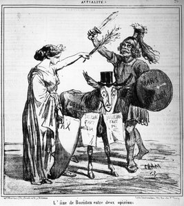 Buridans æsel mellem to meninger - af Cham, i "" Charivari"" af 29/04/1859.