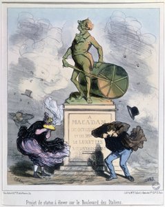 Projekt til at rejse en statue til ære for Macadam på Boulevard des Italiens, Paris (farve litho) af Amédée de Noé