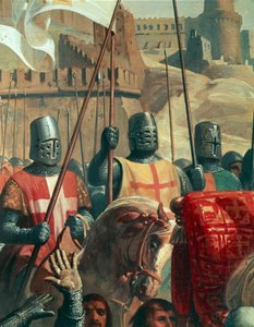 Knights Crusaders, yksityiskohta Ascalonin taistelusta Godfrey of Bouillonin ja Al Afdalin egyptiläisten välillä, Charles-Philippe Larivieren (1798-1876) maalaus